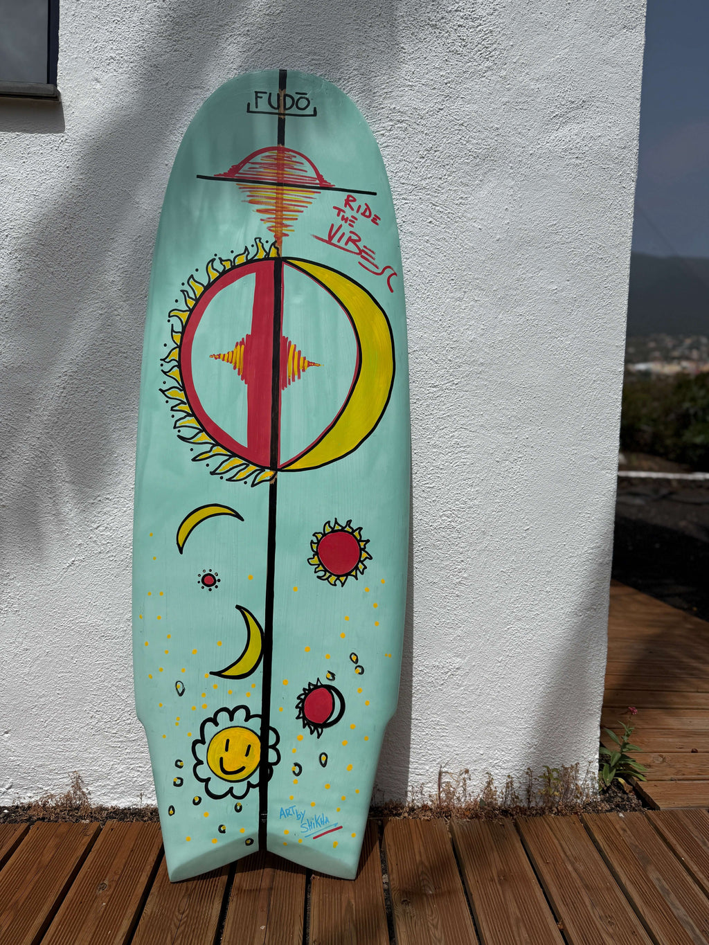 OG Wenzel MiniSimmons Surfboard by SWELLŌ hand-painted with vibrant designs and colorful artwork.